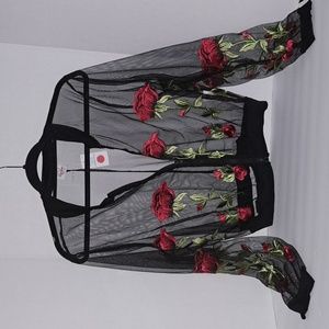 Impulsive XL, black floral see-through jacket. 21 inches long, 22 inches wide